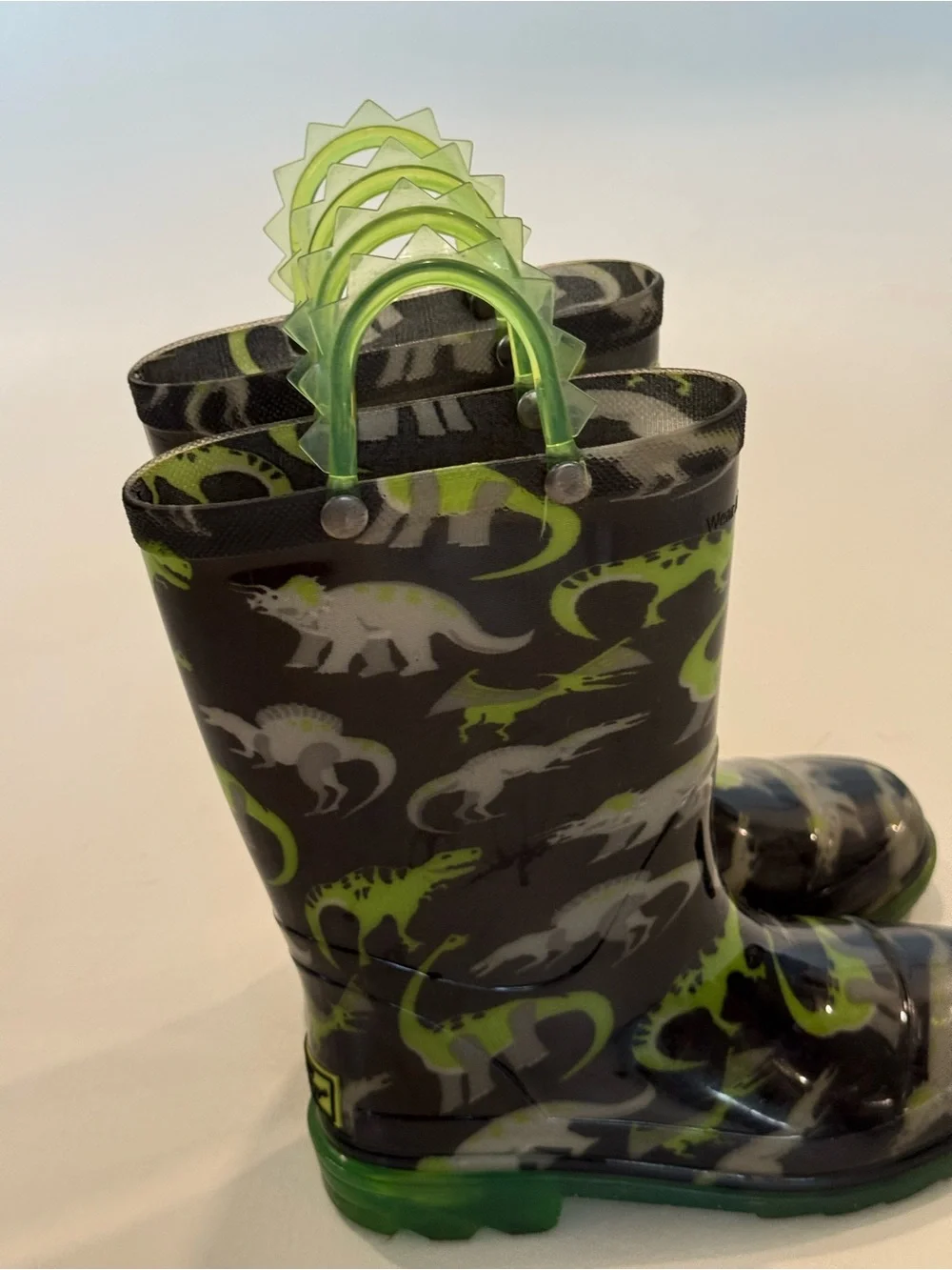 Western Chief Wade Dino Light Up Rain Boots Boys Size 11 Dinosaur Black Green